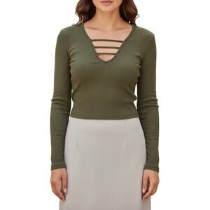 Rue21 Dark Green Crop Top XL Long Sleeve Ladder Front Strappy V-Neck Olive Boho